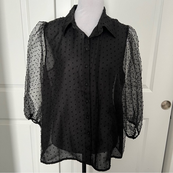 Eloquii Swiss Dot Puff Sleeve Black Button Down Blouse - Size 16 - NWT - Picture 2 of 11